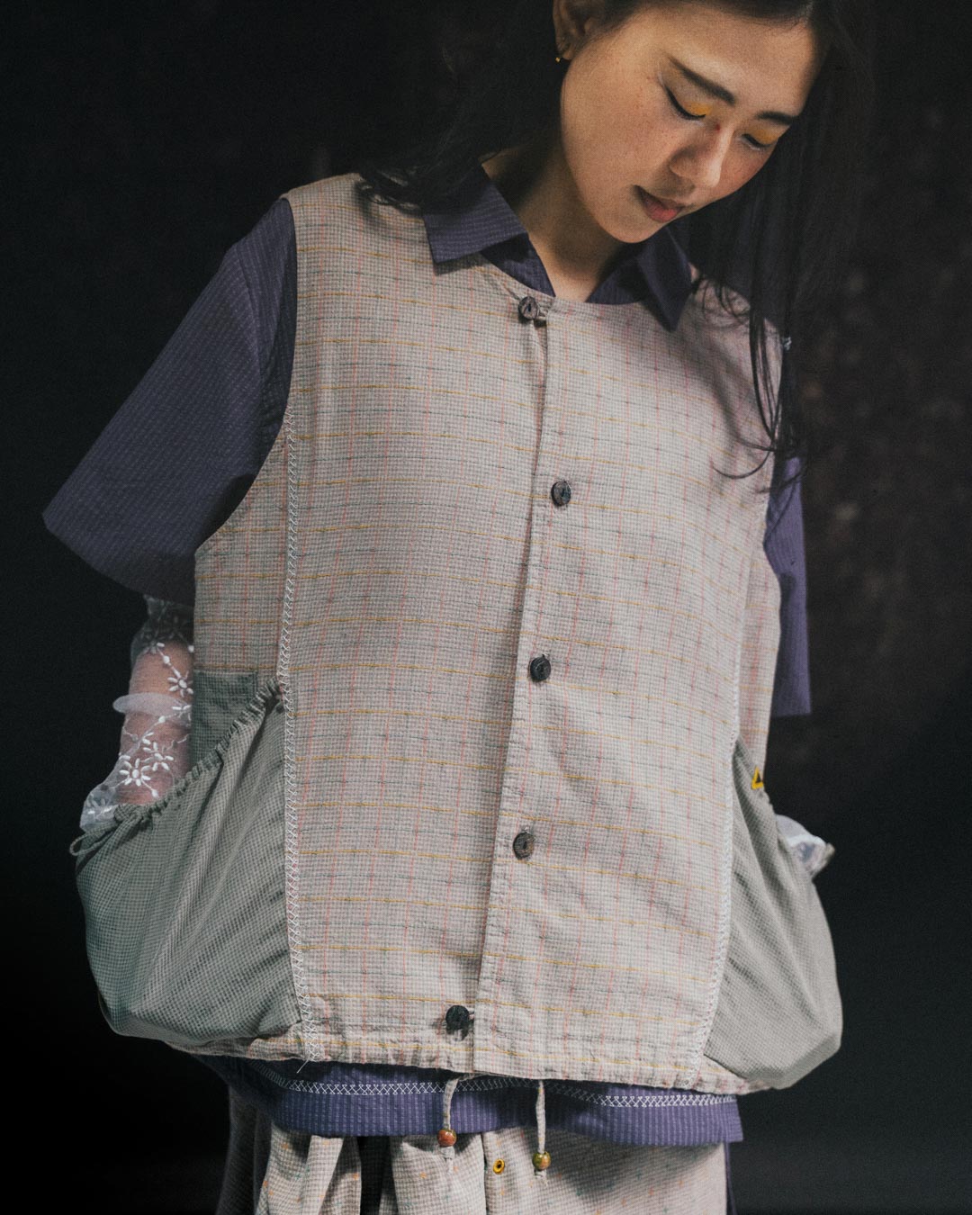 COLLARLESS PATCHWORK VEST